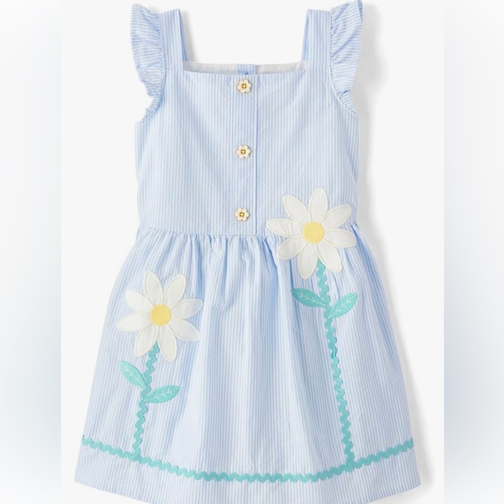Blue Striped Girls Dress with Floral Embroidery